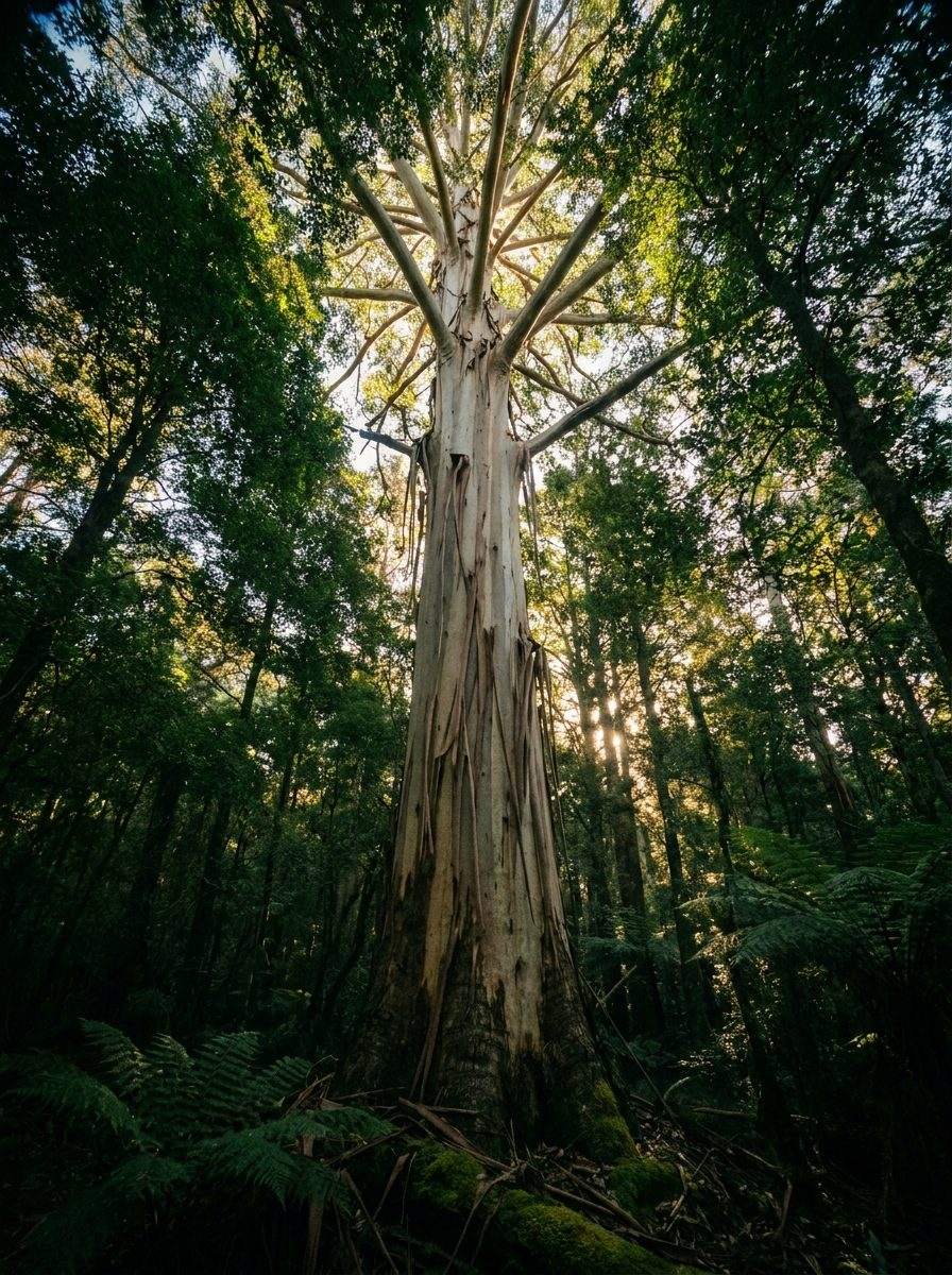 Looking up the trunk of a towering eucalypt into the canopy